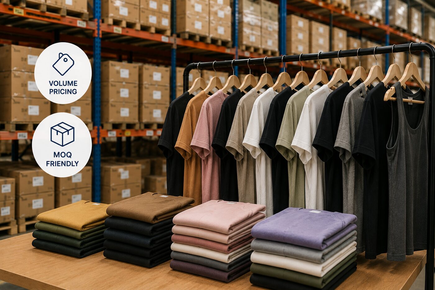 Folded stock garments and rack in warehouse