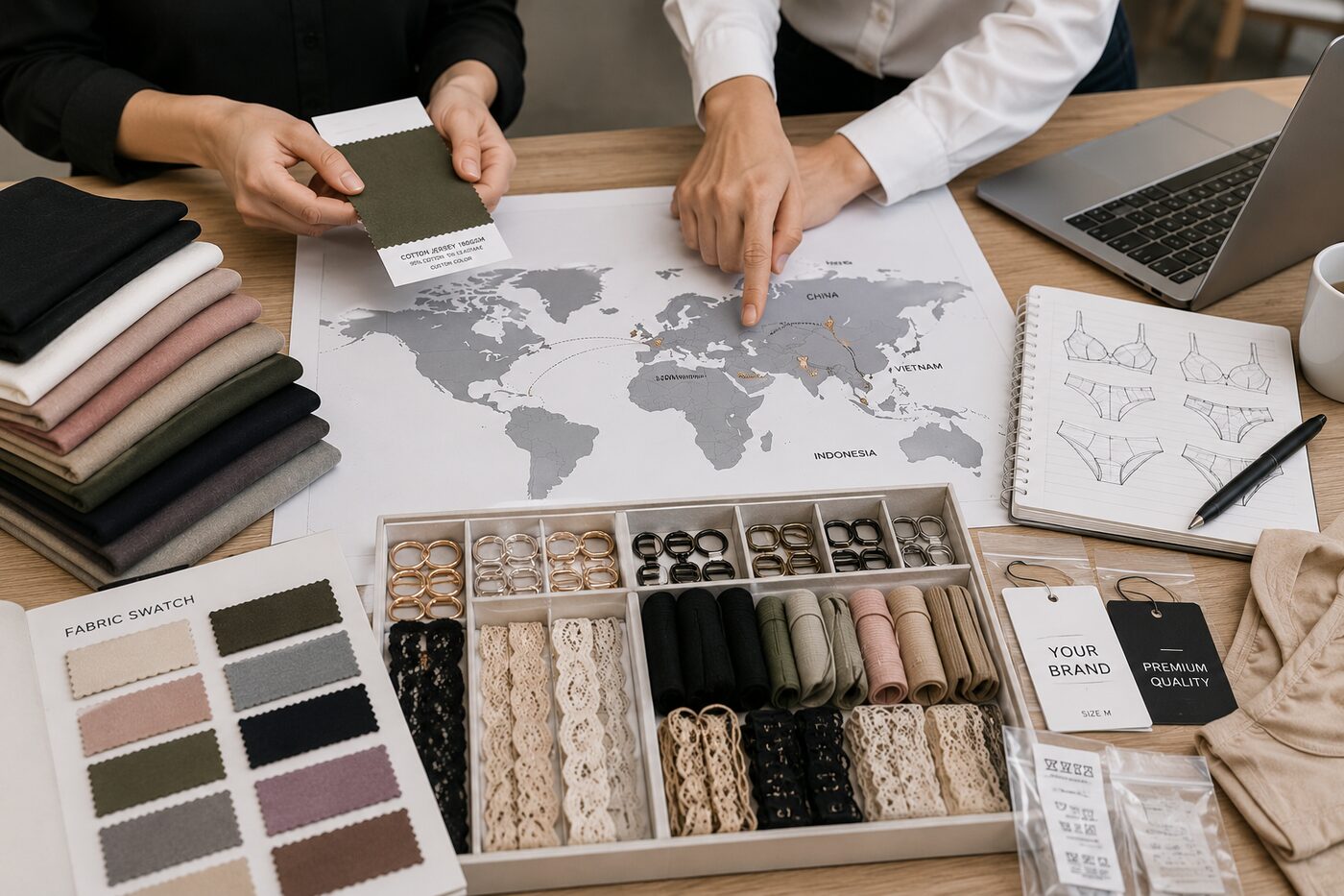 Fabric swatches, trims and sourcing map